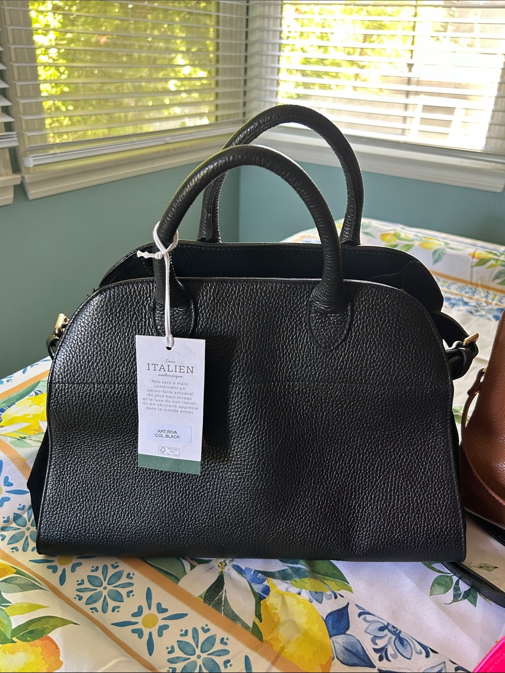 Italian Leather NEW WITH TAGS Black Pebbled Satchel Bag with Top Handles
